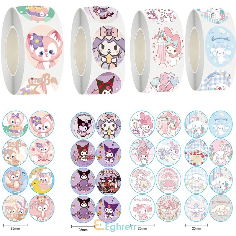 

Eeghrerr 500PCS/ROLL Stiker Perekat Anti-kering Sanrio Lucu Stiker Melingkar Dekorasi Kartun