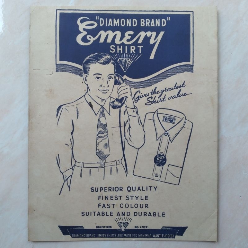 Iklan Kuno Jadul Kertas Tebal Diamond Brand Emery Shirt 1950 an - YN1419