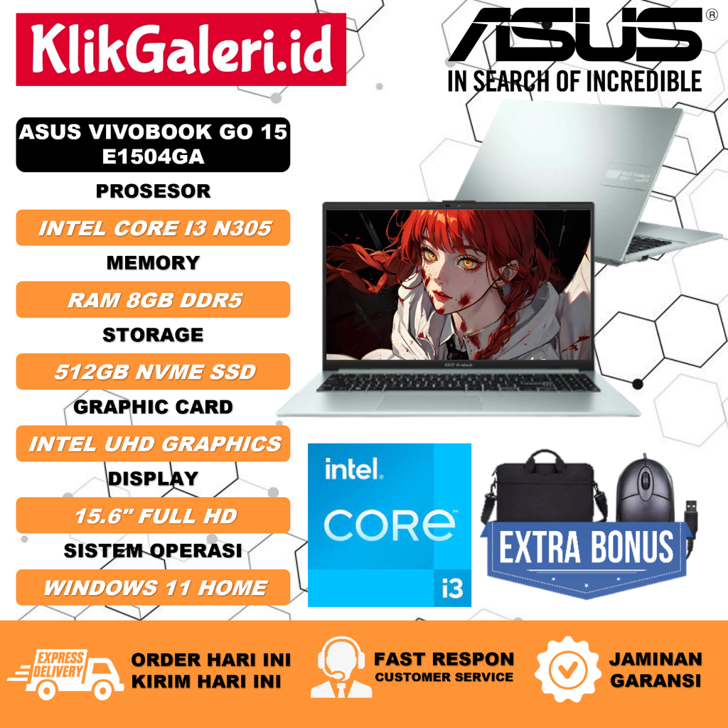 Laptop ASUS Vivobook Go 15 E1504G Intel Core I3 RAM 8GB 512GB SSD FULL HD Backlit FingerPrint