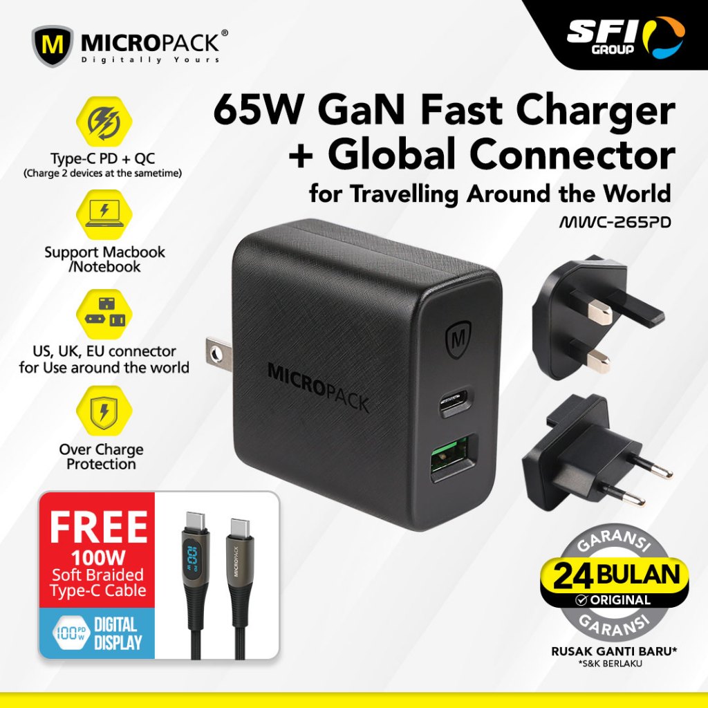 [FREE BUNDLING ] MICROPACK WALL CHARGER DUAL FAST CHARGING 65WATT GAN TECHNOLOGY + MC-C100-BK