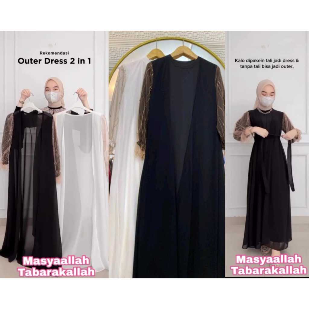 Set 2in1 Inner Dress Tanpa Lengan Jersey+Outer Lepas Ceruty Tile Akar Mote