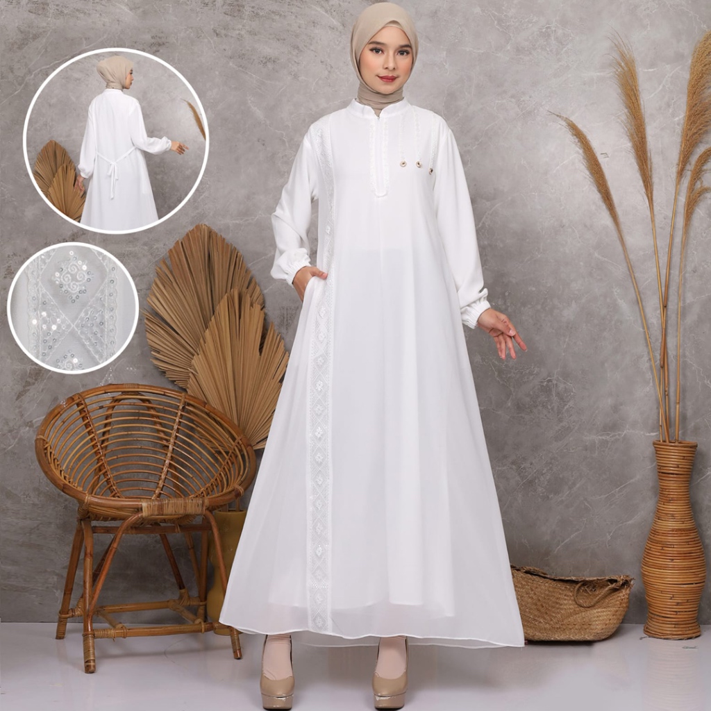KKUM OFFICIAL Gamis Putih Hijab Dress Brukat Baju Lebaran Umroh Haji Busana Muslim AGNES Wanita Terb
