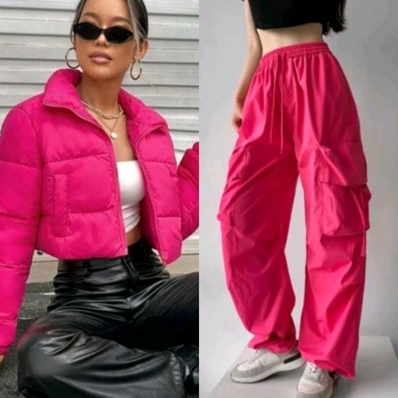 One Set Jaket Crop Gelembung & Celana Cargo Import Bangkok Pink Fanta