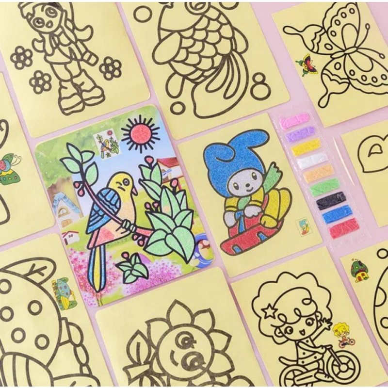 Mainan edukasi anak Mewarnai pasir/mainan anak pasir mewarnai/stiker melukis pasir/stiker merwarnai 