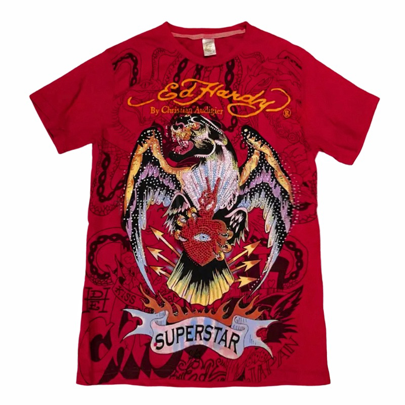 Vintage rare Ed Hardy Christian Audigier Men's slim fit Large Red Dagger Skull Tattoo T-shirt Eagle 