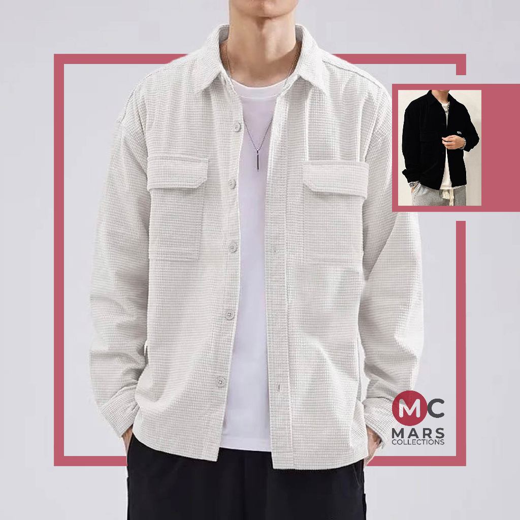 Kemeja Pria Lengan Panjang Slimfit Trucker Casual Remaja Korea Style Waffle Knit Premium Kekinian Wa