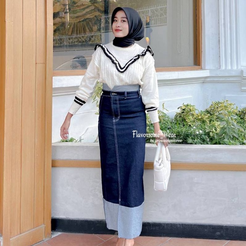 Harga Bersaing Two Tone Rok Skrit Jeans Highwaist Wanita Streach