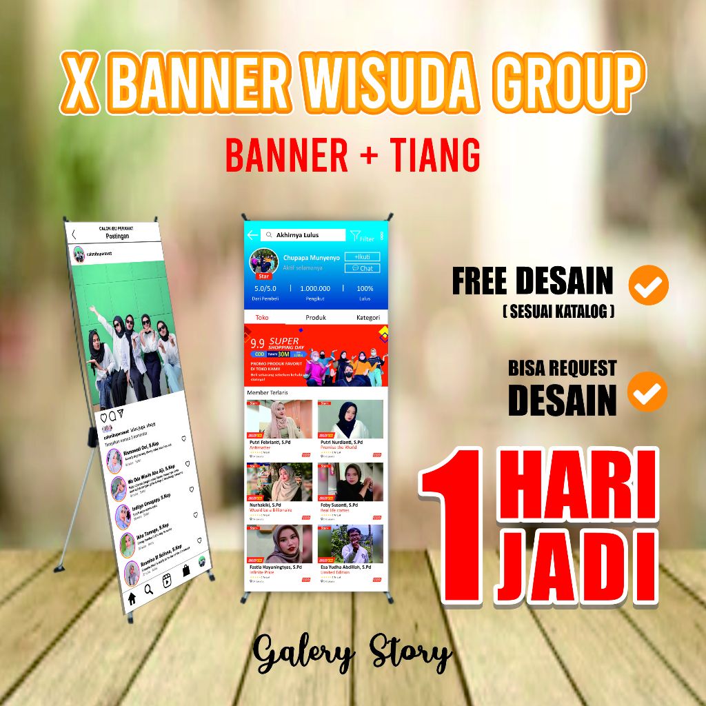 Cetak Banner + Tiang Wisuda Group -  Print X Banner Wisuda + Stand Kaki - Spanduk Wisuda Custom Free Desain Termurah