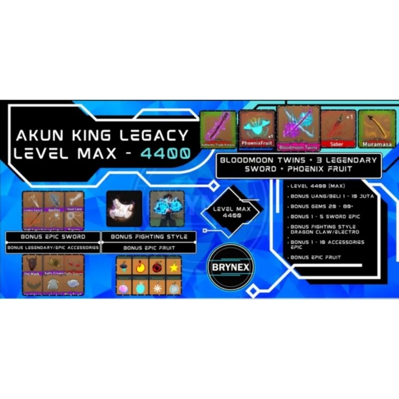 Akun King Legacy Level MAX - Bloodmoon Twins + 3 Legendary Sword + Phoenix Fruit + Bonus