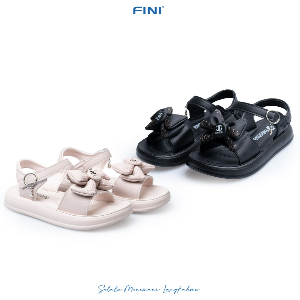 FINI, Sandal Sepatu Anak Perempuan Korean Pita Chanel, Warna Cream Hitam, Size 33-38, 917