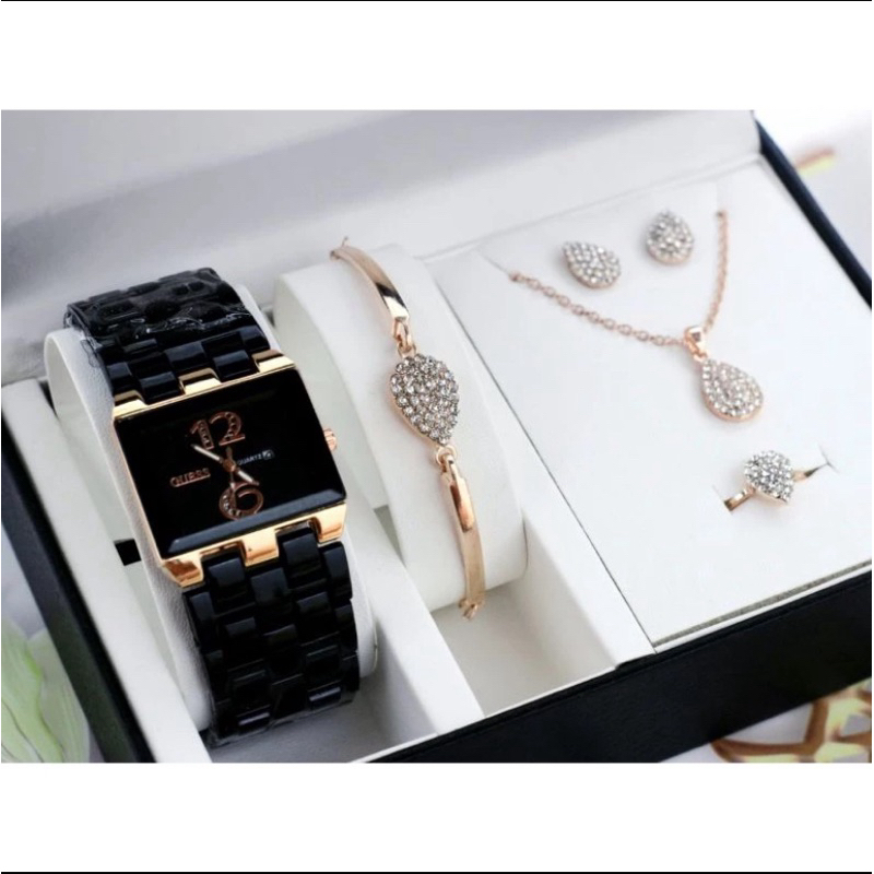 ( BISA COD ) Jam Tangan Wanita Guess Mika Mewah Free Accessries Set Fashion GS-7428 Tanggal Aktif - 