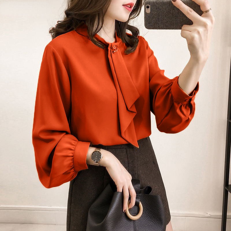 Blus Kemeja Wanita Korea 2024 Atasan Kemeja Lengan panjang Blus Dasi Wanita Kantor Chic Atasan Mode 