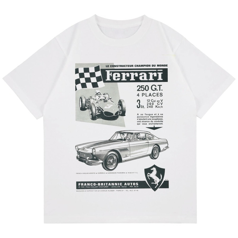 KAOS VINTAGE RACING CAR FERRARI | T-SHIRT WHITE CAR | KAOS BAJU MOBIL BALAP