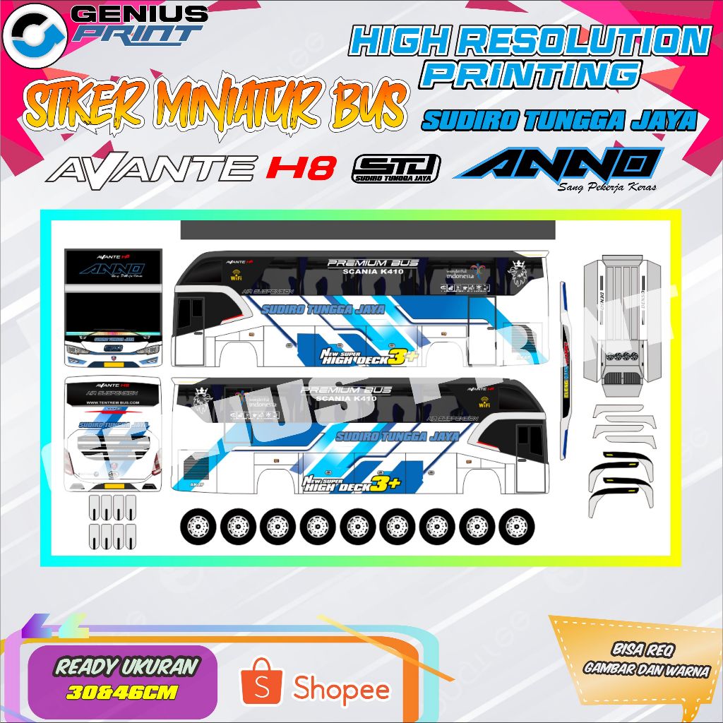 Stiker Mainan Miniatur Bus Avante H8 Livery Sudiro Tungga Jaya (STJ) #4 Uk. 30/46cm