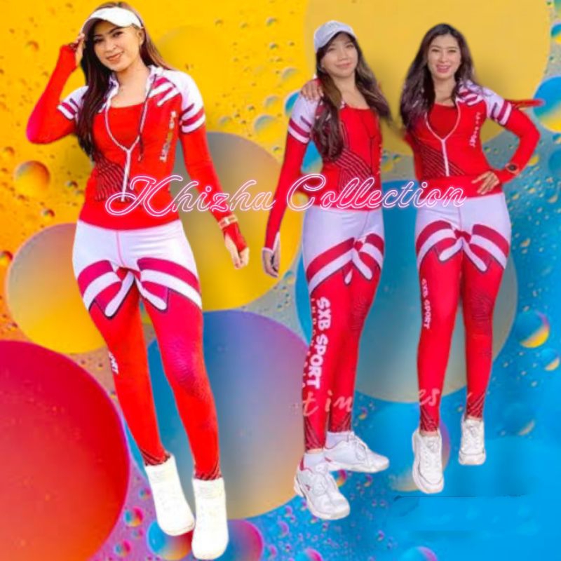 SXB SETELAN BAJU OLAHRAGA SENAM AEROBIK  WANITA MOTIF MERAH PUTIH