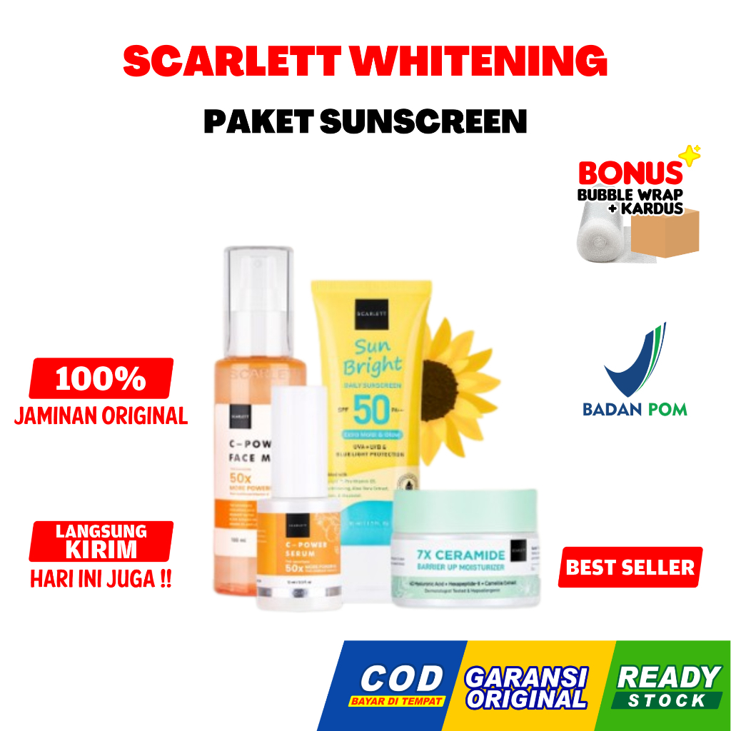 Scarlett Whitening Paket Daily Sunscreen Moisturizer Cream Face Mist Original Scarlett Whitening
