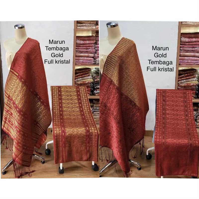Songket Tumtuman Wanita Tanpa Sambungan Pesta Adat Warna Tembaga Full Kristal