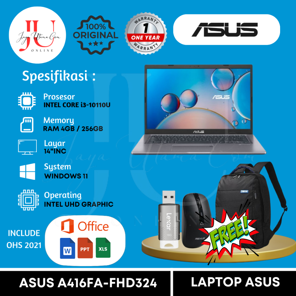 NB ASUS A416FA FHD 324 INTEL CORE i3-10110U 4GB 256GB SSD 14INCH SLATE GREY // A416FA-FHD324
