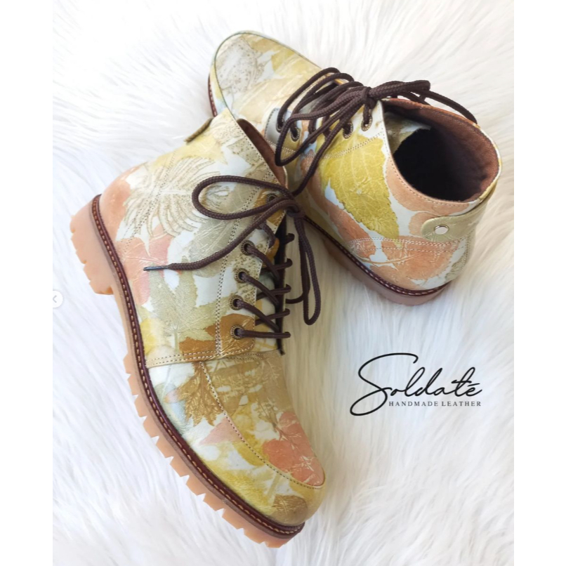 cuero sepatu boots ecoprint cewek docmart sol karet mentah