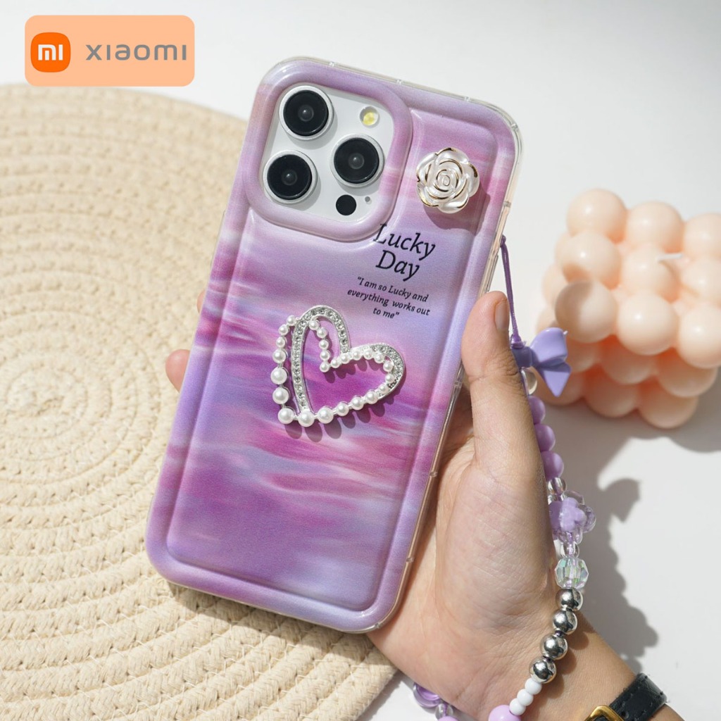 Case Rose Mutiara Pink + Strap Phone Casing Gantungan HP Terbaru Xiaomi Redmi 13C 12 9A 9C 10C C40 N