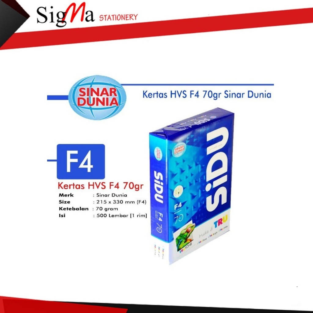 

Kertas HVS F4 70 / 75 gram SINAR DUNIA / SIDU (Rim)