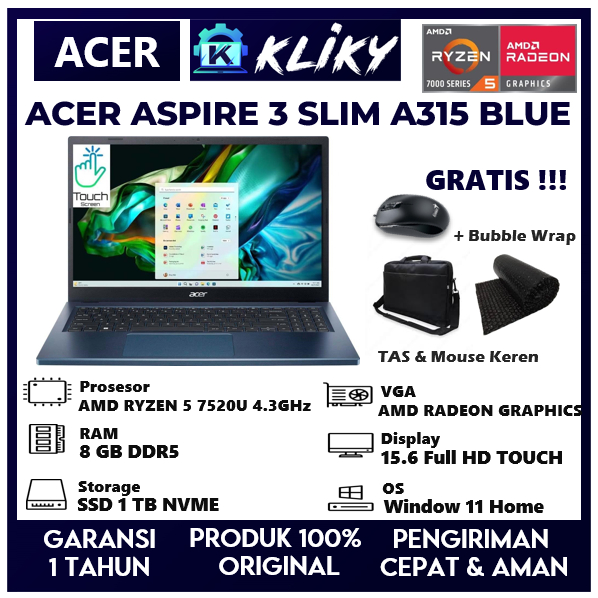 Laptop Gaming Touchscreen Acer Aspire 3 AMD Ryzen 5 7520U Ram 8 GB Ssd 1 TB Blue