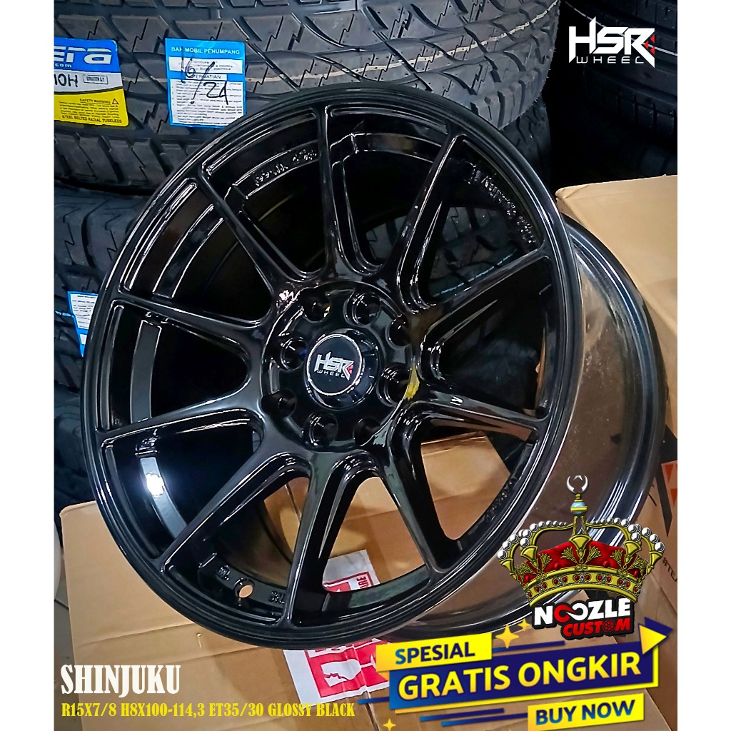 Velg Mobil Lebar Belang Ring 15 Type HSR Shinjuku Pelek Racing R15 Full Black Lubang 4