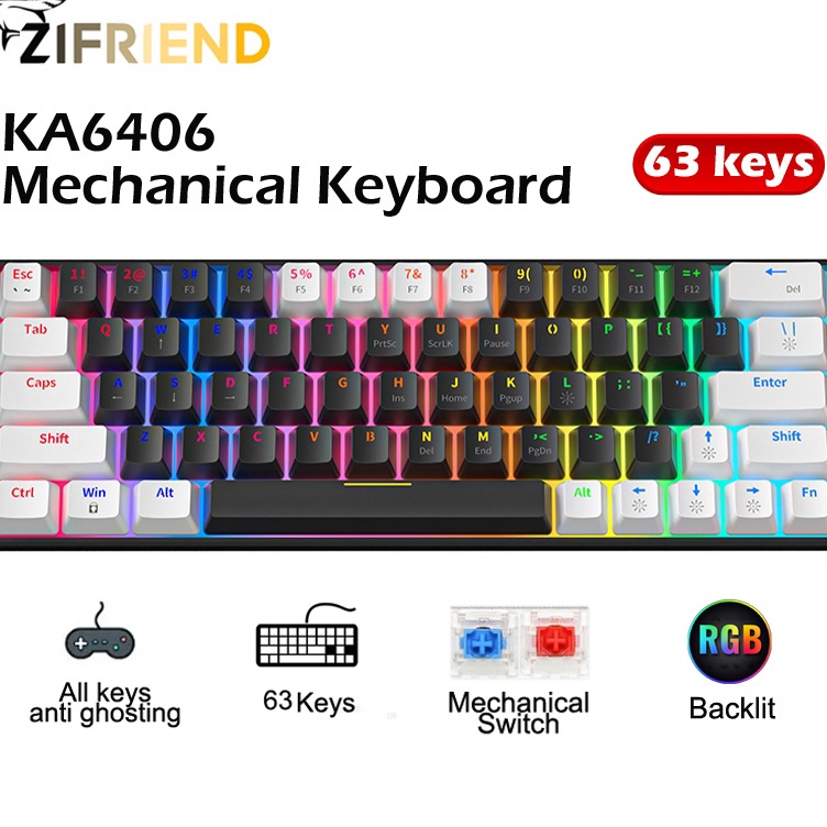 Klasik ZIFRIEND KA646 63 Keys RGB Backlit Wired Black Mechanical Keyboard