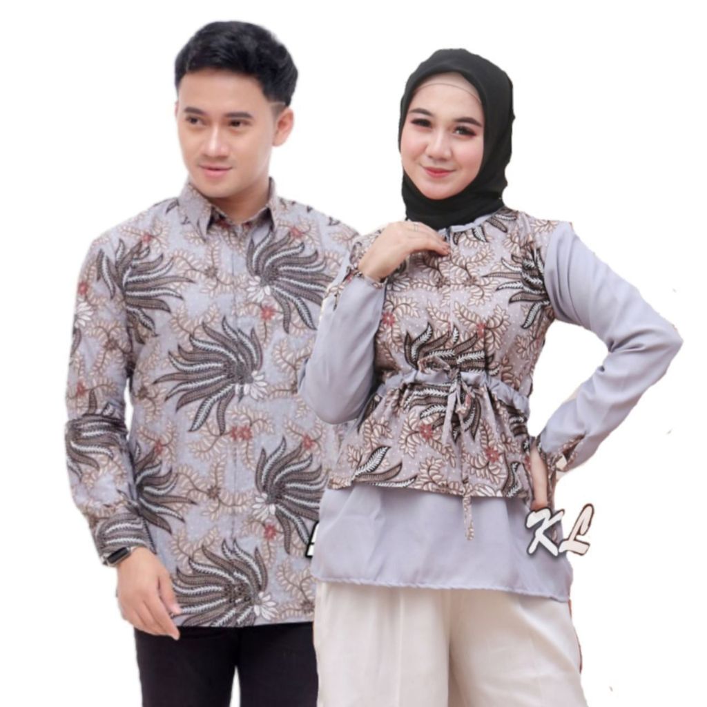 Fairyrozi Batik Couple Medusa Putih Blouse Modern Wanita & Kemeja Pria Lengan Panjang Bahan Premium