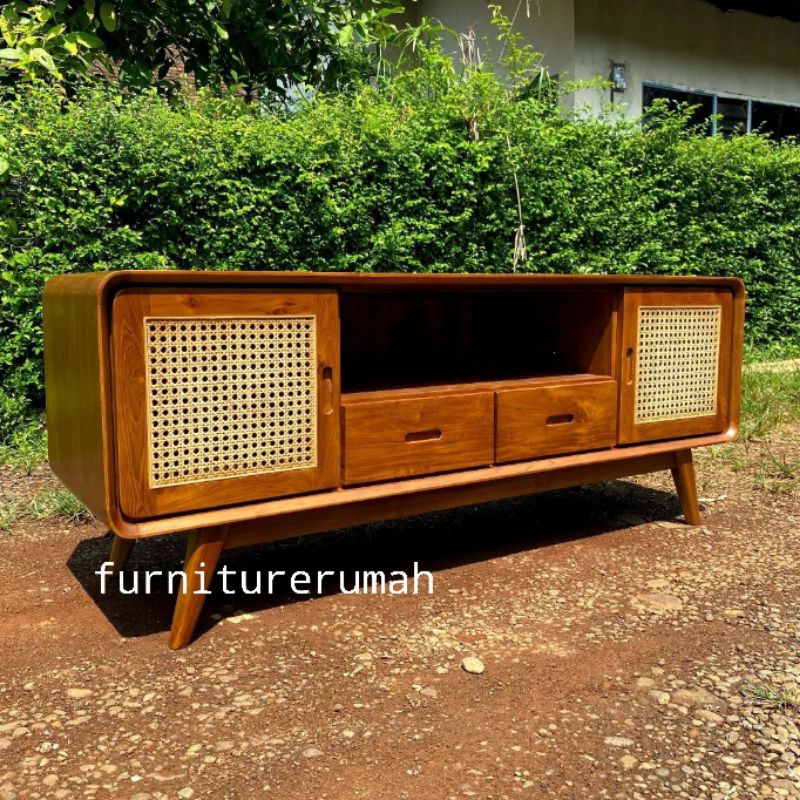meja tv minimalis jati rotan, bufet tv minimalis rotan kayu jati, buffet tv kayu jati rotan