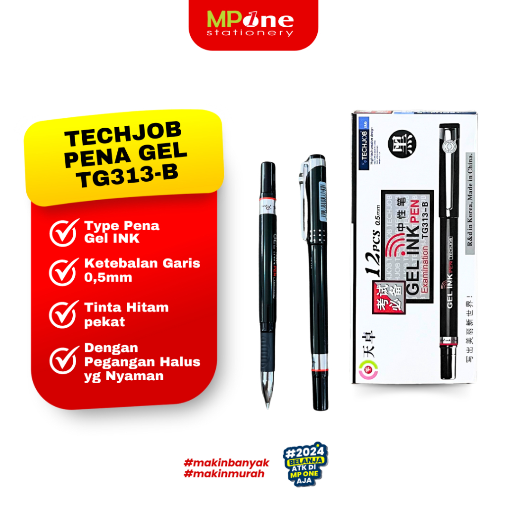 

(1 KOTAK) TIZO Pena Gel 0,5mm Bolpoin Tinta Hitam / Ballpoint Pulpen Techjob by Tizo Gel INK 0,5 TG313-B (Isi 12PCS)