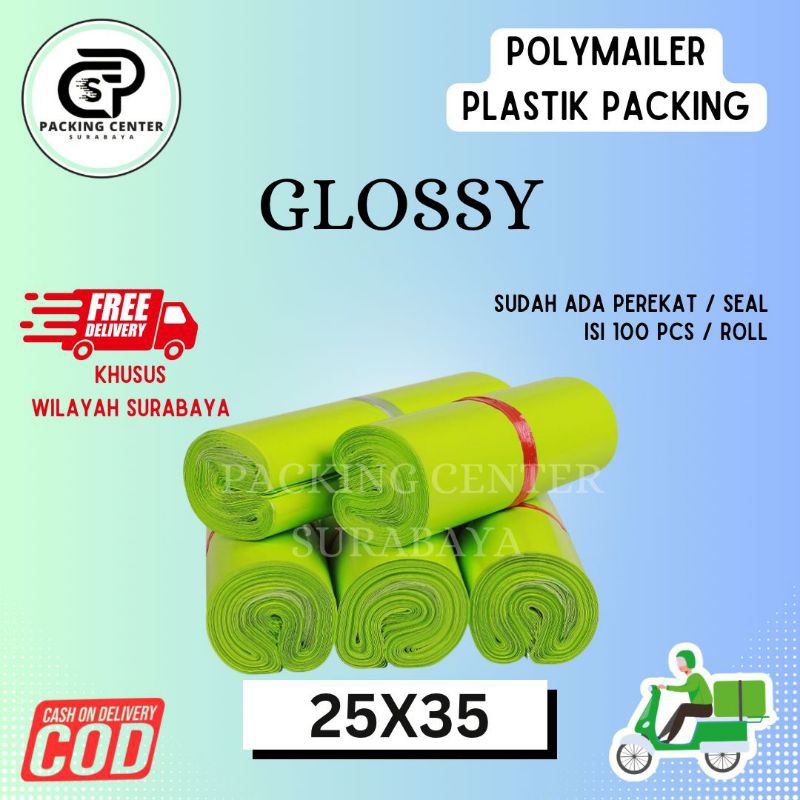 

Polimer Plastik Packing / Polymailer Olshop Online Shop PE warna Hijau Muda Glossy Isi 100Pcs Lem Perekat Termurah Grosir