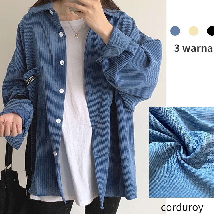 Barang keren Korea Kemeja Oversize Korduroy Wanita Lengan Panjang Oversize Kemeja Polos Wanita