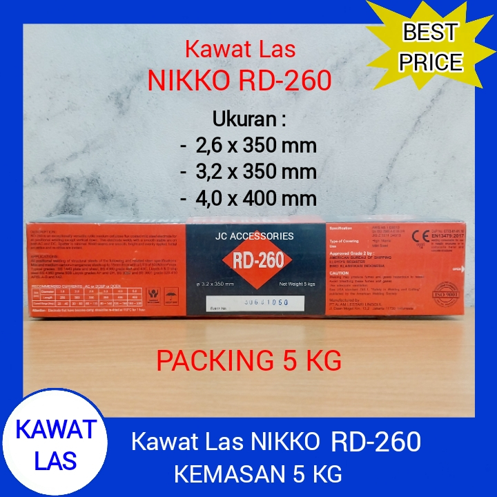 KAWAT LAS NIKKO 2.6 mm 3.2 mm 4.0 mm KEMASAN 5 KG NIKKO STEEL RD 260 2,6 mm 3,2 mm 4,0 mm 2,6mm 3,2m