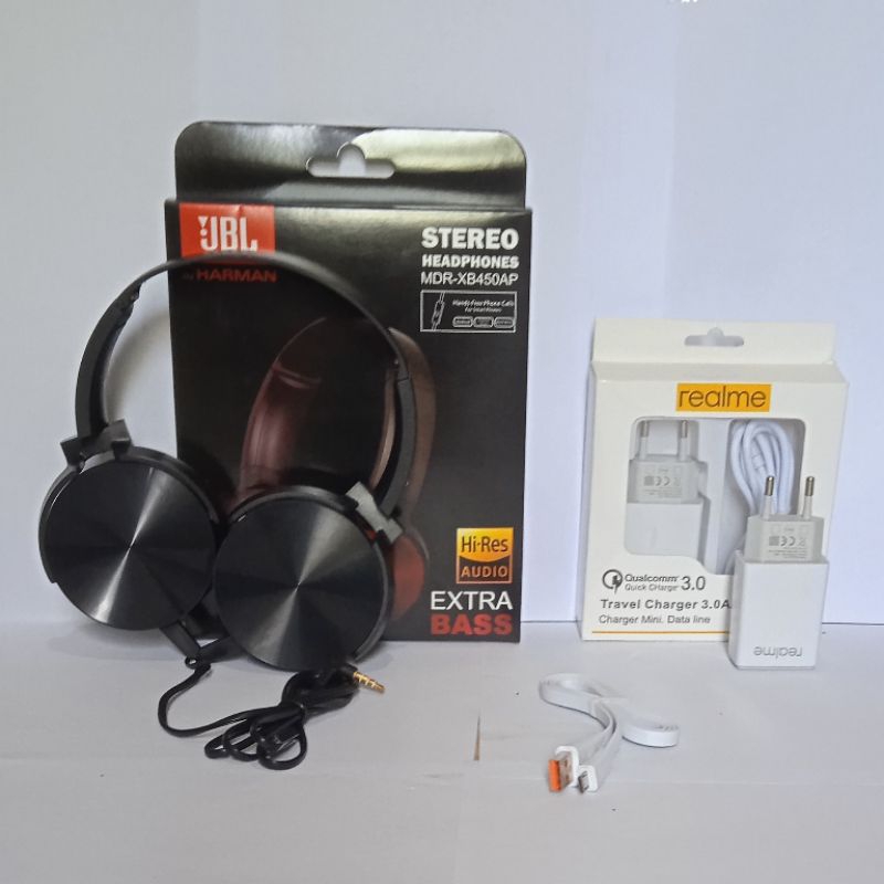 carger + hensed BANDO EXTRA Bass J-Bl MDR-XB450AP carger + heanfri headset bando  carger realmie 5 6