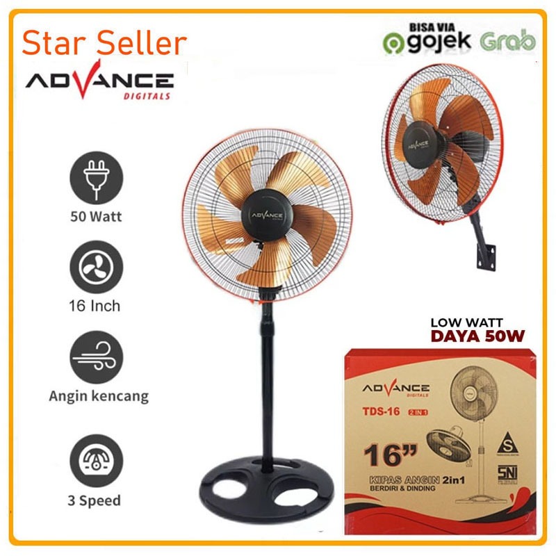 ADVANCE Stand Wall Fan TDS 16 Kipas Angin Berdiri Dinding 2in1 5 Baling Besi 16in 16inch 16 Inch