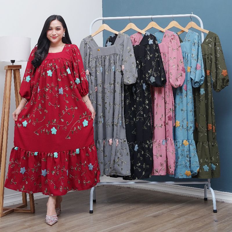 Dress crinkle airflow pompom dan bordir kekinian