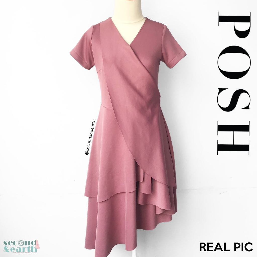 Posh The Label Dress (XS-S) Terusan Kerja Wanita Lengan Pendek VNeck ALine Flare Tinggi Rendah Scuba