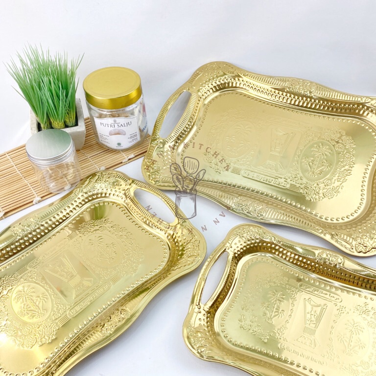 Stok baru Nampan Baki Arab Emas  Baki Stainless Steel Emas Kuning Baki Penyaji India Arab Timur Teng
