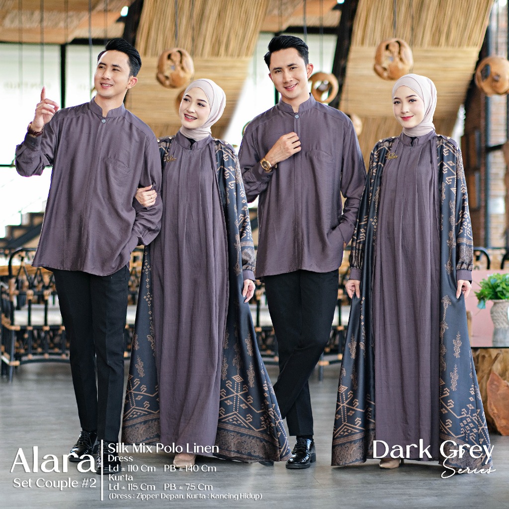 Alara Set Couple Dress Kurta Muslim Silk Mix Polo Linen Motif Batik Kombinasi Polos