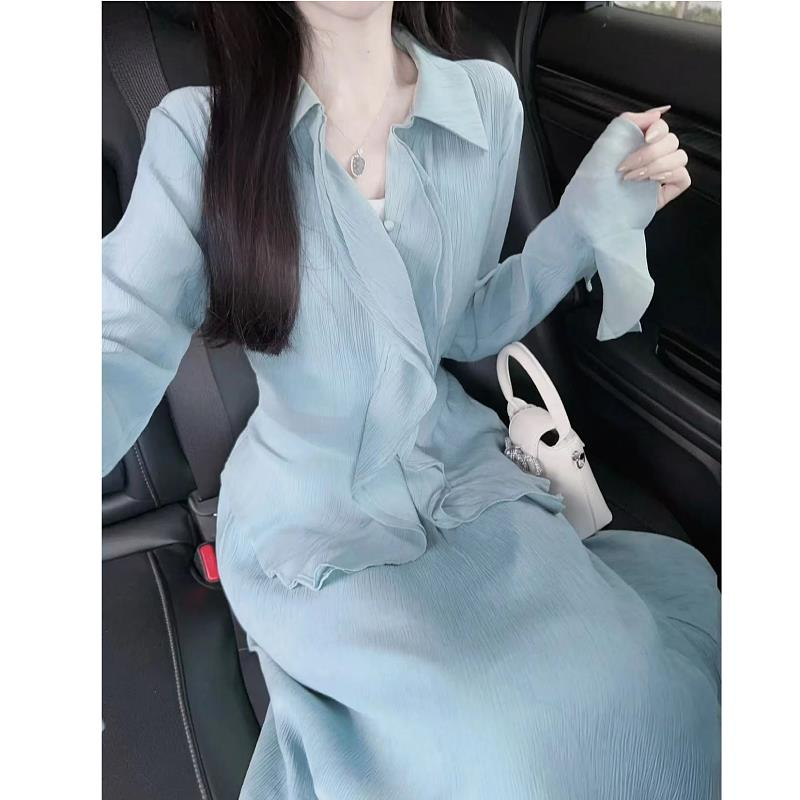 Women's French Vintage Lotus Leaf Shirt Half Skirt Two Piece Set