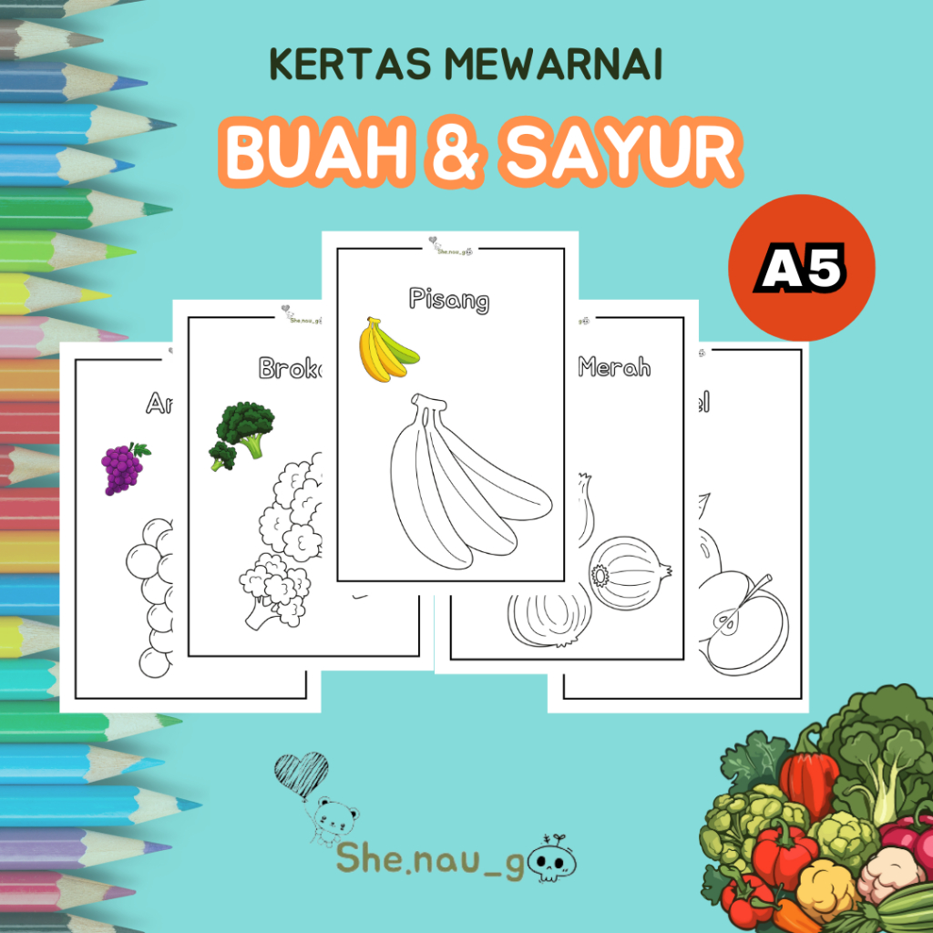 

Gambar Mewarnai / Kertas Mewarnai Anak TK - SD Tema Buah dan Sayur Ukuran kertas A5 HVS