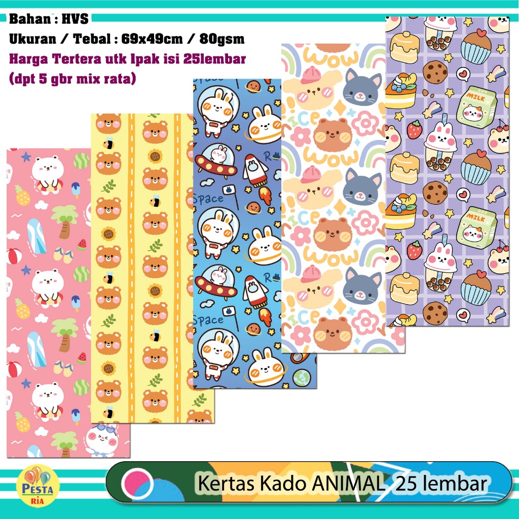 

Murah!! (1Set 25lmbr) Kertas kado motif ANIMAL CUTE B, kertas kado karakter, kertas kado animal cute, Kertas Kado Setara Sanwa Sansan Wawa