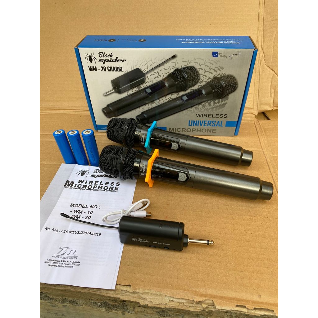 Mic Wireless Black Spider WM20 WM-20 WM 20 Charge UHF 2 Mic Genggam usb type c bisa di charge