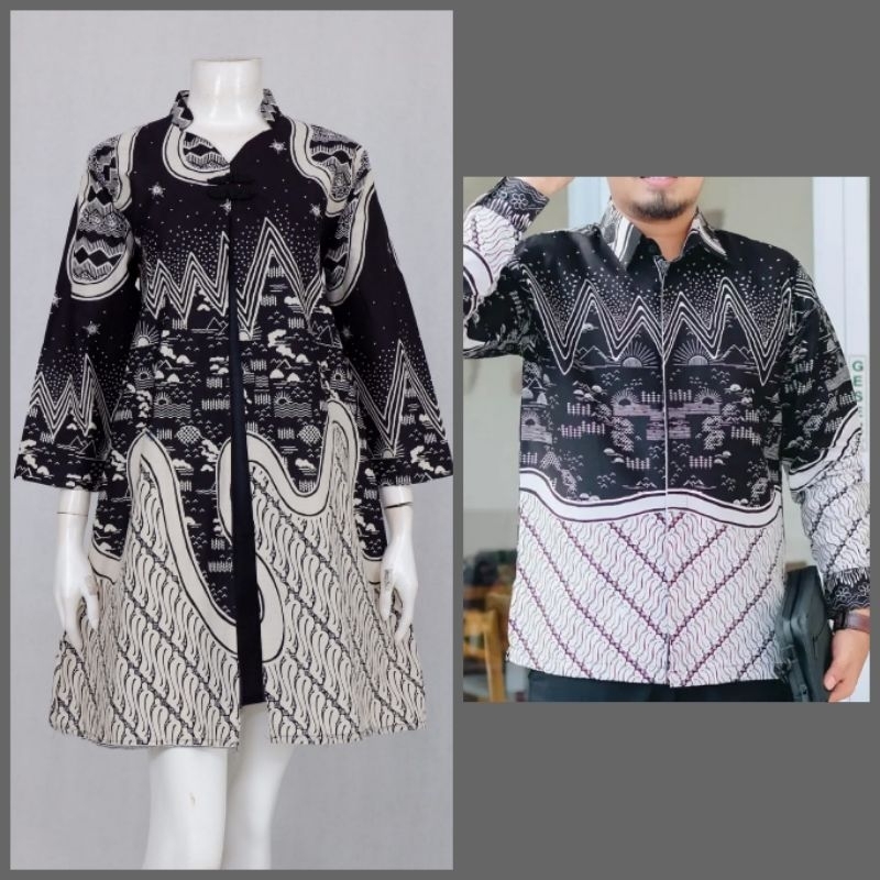 Batik Couple Premium Tunik Kemeja Couple Lengan Panjang Ziggy Hitam Series Baju Couple Kondangan Bat