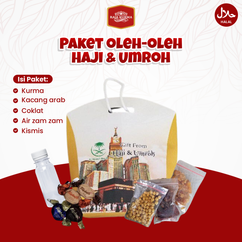 

Oleh oleh Haji Dan Umroh Paket Hampers Isi Kurma Air Zam zam Coklat Kismis Kacang