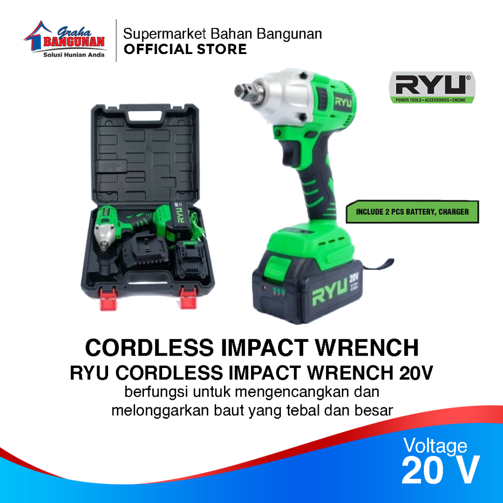 Bor Pembuka Baut RYU Cordless Impact Wrench RCW 20V - BOR BATERAI