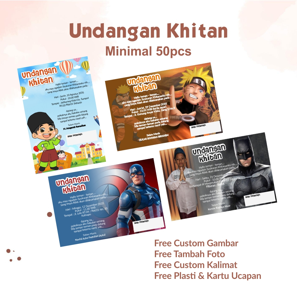 Undangan Khitan Aqiqah Sunatan Tasyakuran Custom Unik Aesthetic Foto Kartun
