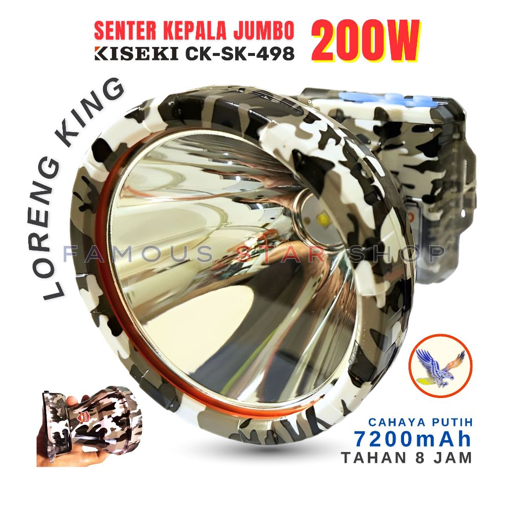 SENTER KEPALA 200 WATT KISEKI CK-SK498 LORENG KING JUMBO LIGHT TAHAN 8 JAM NONSTOP | senter kepala j