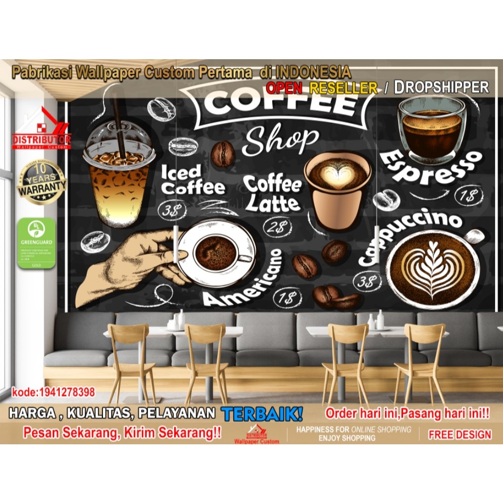 Wallpaper Custom 3D Tema Coffee | Business | Wallpaper Warkop/Resto | Wallsticker | Wallpaper Custom